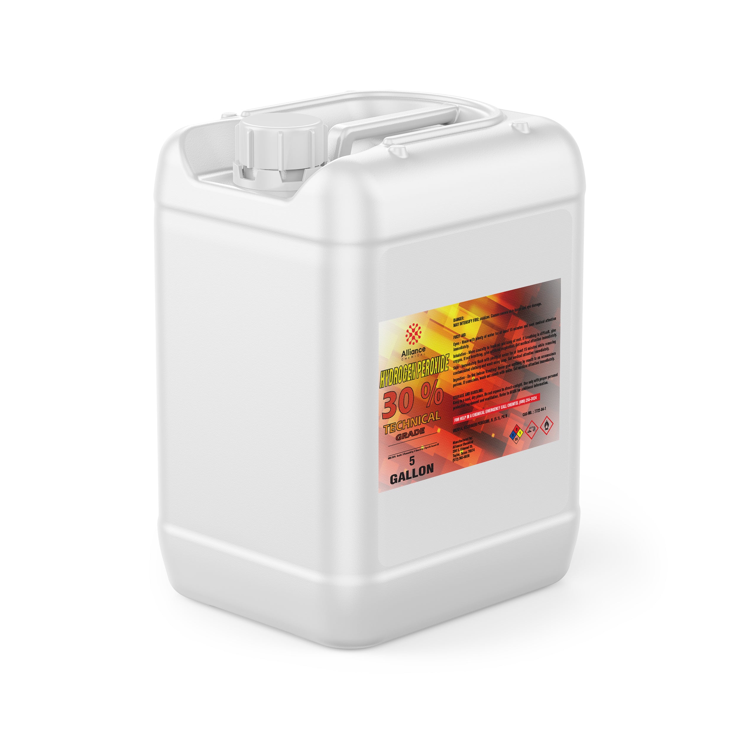5-gallon white HDPE container of 30% Technical Grade Hydrogen Peroxide by Alliance Chemical, featuring hazmat warning symbols and orange-red label.